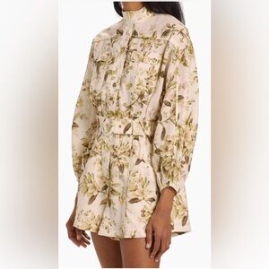 NWT Zimmermann Golden Floral Print Belted Long Sleeve Linen Romper
